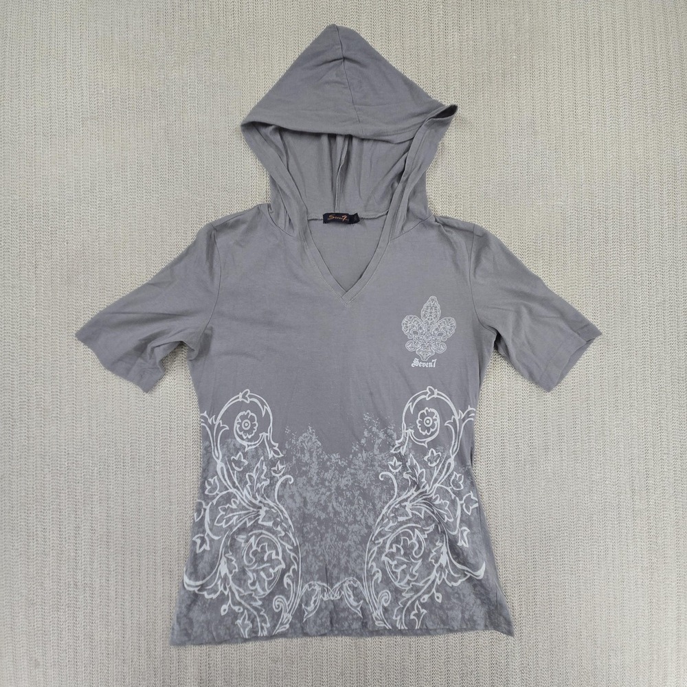Seven7 Shirt Womens Small Gray Hooded Fleur De Lis Scroll Graphic Tee V Neck